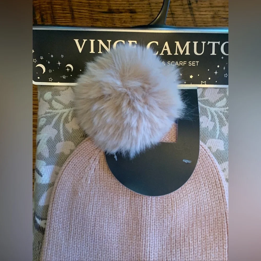 NWT Vince Camuto Neutral Plaid Wrap Scarf and Pink Pom Hat